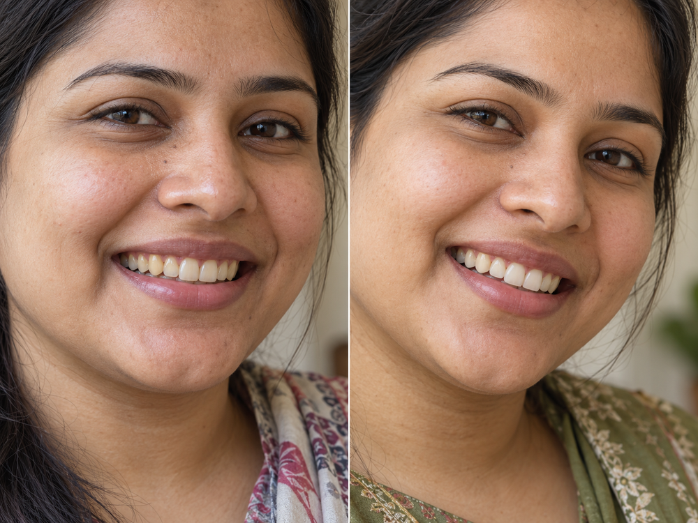 Illustrative before and after teeth whitening image