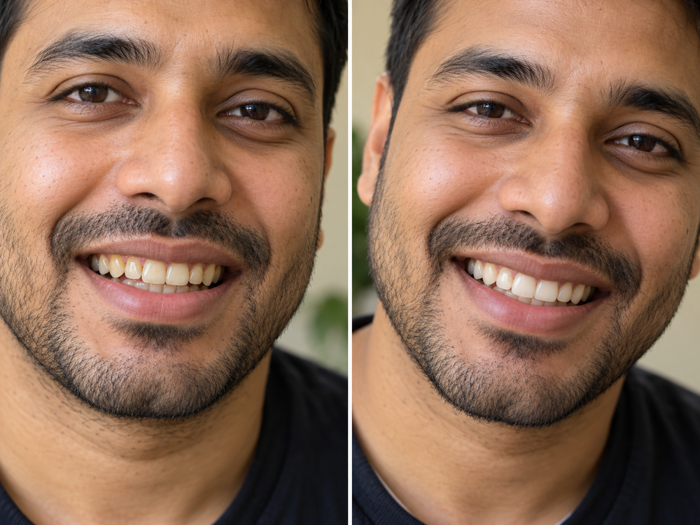 Illustrative before and after teeth whitening image